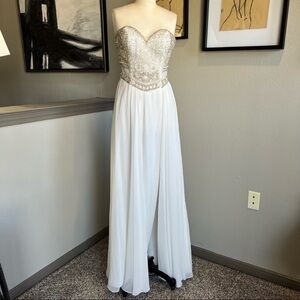 JOVANI ivory white strapless chiffon rhinestone embellished formal gown